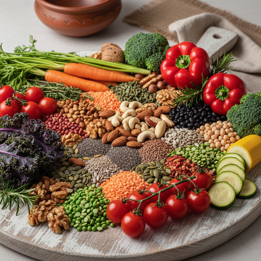 Assortment of colourful whole foods including nuts, seeds, legumes, and fresh vegetables arranged on a natural surface