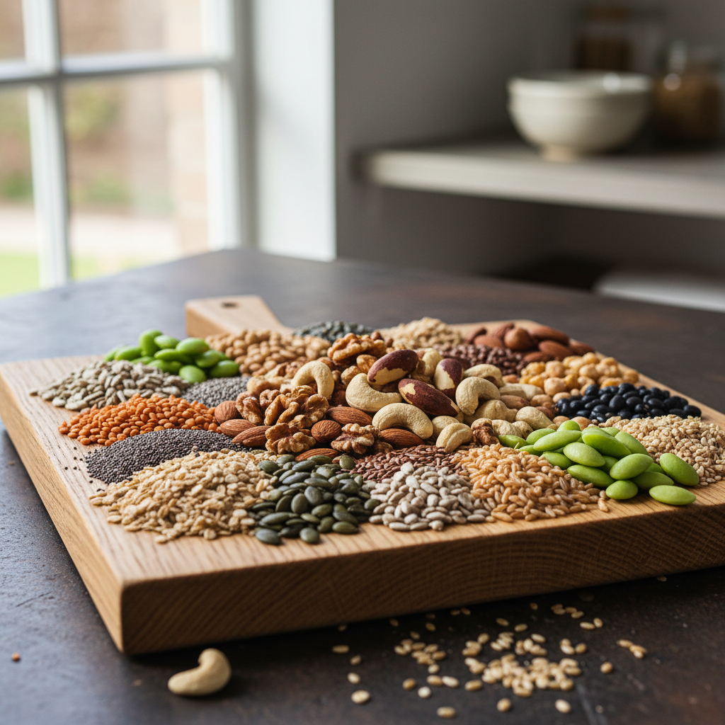 Assorted nuts, seeds, legumes and whole grains rich in essential minerals displayed on a wooden board